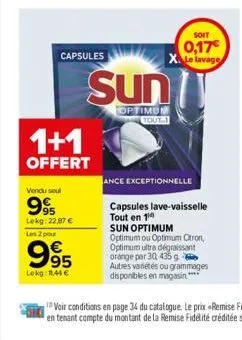 capsules  1+1  offert  vendu soul  995  lokg: 22,87 €  les 2 pour  995  lekg: 11,44 €  sun  optimun tout  soit  0,17€ x. le lavage  ance exceptionnelle  capsules lave-vaisselle  tout en 1  sun optimum
