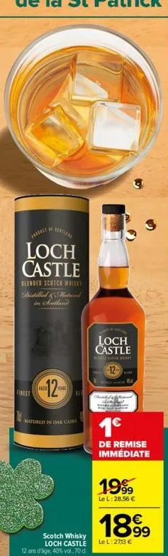 ptfe loch castle  blended scotch whisky distilled & natured  finest  12  aged  years  ble  matured in oak cass  scotch whisky loch castle  12 ans d'âge, 40% vol, 70 d.  loch castle  h  12. 1.4  1€  de