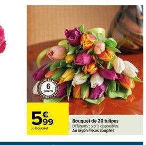 6  jours  599  Le bouquet  Bouquet de 20 tulipes Différents coloris disponibles. Au rayon Fleurs coupées 