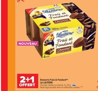 nouveau  faitière  frais et fondant chocolat  tamarke  nouveau  4pots  400g  nem  laitière frais et fondant chocolat  p& cacao  2+1  desserts frais & fondant la laitière  offert chocolat, vanille ou c