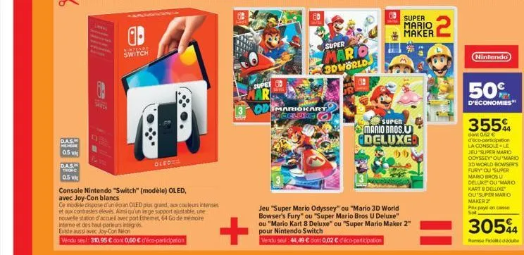 d.a.s.00 megre  0.5 x  d.a.s.00 tronc  0.5  sayton  1  intendo switch  oled  console nintendo switch" (modèle) oled, avec joy-con blancs  ce modele dispose d'un écran oled plus grand, aux couleurs int