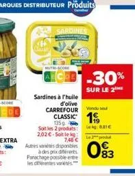 sardines  g  cbb-30%  sur le 2  sardines à l'huile  d'olive  carrefour  classic 1  135g  soit les 2 produts:  2,02€-soit le kg: 7,48 € autres variétés disponibles  à des prix différents panachage poss