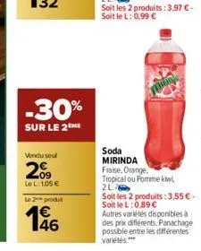 -30%  sur le 2 me  vendu soul  20  lel: 1,05 €  le 2 produit  146  soda mirinda  fraise, orange,  tropical ou pomme kiwi,  21 soit les 2 produits: 3,55 € - soit le l: 0,89 € autres variétés disponible