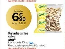 le sachet  6%  lekg: 13,80 €  pistache grillée  salée  sun  sun  sum  sun  le sachet de 500 g. existe aussi en pistache grilée nature. aurayon fruits et légumes 