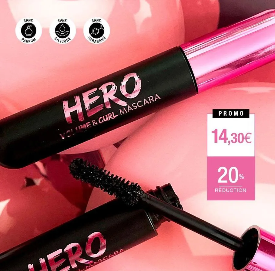 sans  a  parfum  sans  silicone  sans  parabene  hero  volume & curl mascara  promo  14,30€  20%  réduction  
