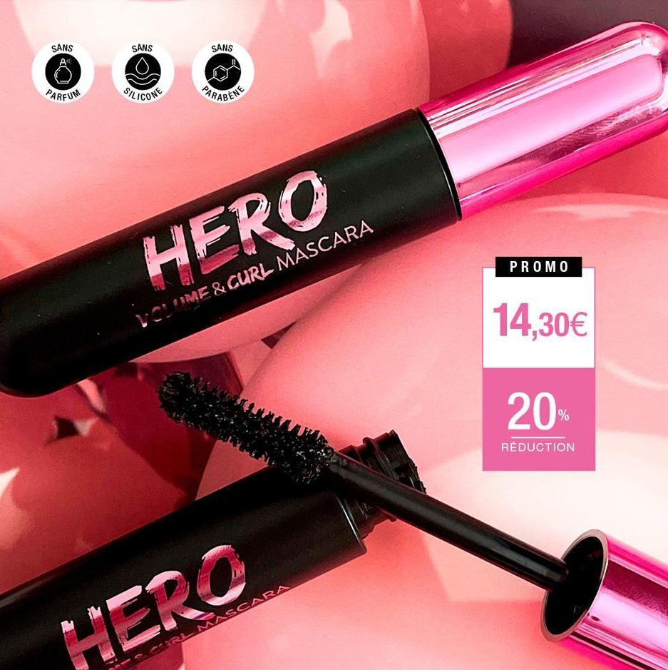 SANS  A  PARFUM  SANS  SILICONE  SANS  PARABENE  HERO  VOLUME & CURL MASCARA  HERO  CARL MASCARA  PROMO  14,30€  20%  RÉDUCTION  