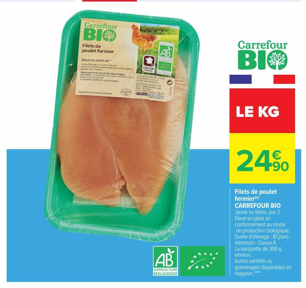 filets de poulet fermier Carrefour Bio