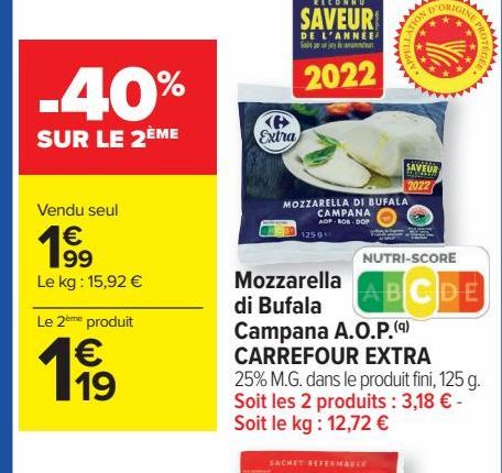 Mozzarella di Bufala Campana A.O.P. Carrefour Extra