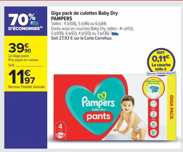 giga pack de culottes baby dry  pampers