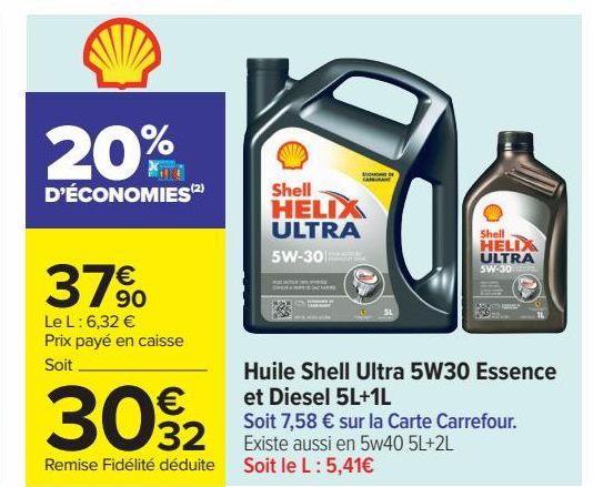 Huile Shell Ultra 5W 30 Essence et Diesel 5L+1L