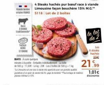 and origine FM  tra  Back AVANCE  T  ARGE  ETTEN  4 Steaks hachés pur bœuf race à viande Limousine façon bouchère 15% M.G." 5118 Lot de 2 boites  B6419 Acuquques  inteàpole Entalis incident La t 5:11,