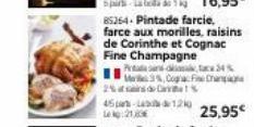 1:21  85264- Pintade farcie, farce aux morilles, raisins de Corinthe et Cognac Fine Champagne  2% de Catal 45-12k  Pada san-da4%  3% Cogna Fine Change  25,95€ 