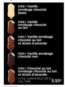 01938. Vanille enrobage chocolat au lait  01333 Vanille enrobage chocolat au lait et éclats d'amande  01934-Vanille enrobage chocolat noir  01932 Chocolat au lait enrobage chocolat au lait et éclats d