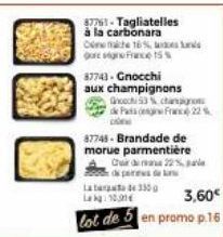 87761-Tagliatelles à la carbonara One the 16% gorgne France s  87743-Gnocchi aux champignons  Ghoochi 53 % changos de Pats France 22%  87748-Brandade de morue parmentière மே 22%, Jala depres  330  Lag