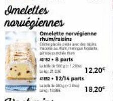 Omelettes norvégiennes  40152-8 parts  58012  21,4 41062 - 12/14 parts  La 60g-2  Omelette norvégienne rhum/raisins Crime glaciers avec racias a man, mainga nata  che tu  12,20€  18,20€ 