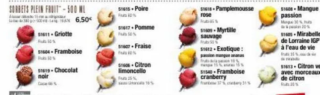 sorbets plein fruit-500 ml  a15  500-16 6,50€  51611-griotte fruta 50%  51604-framboise fruta 50%  51619. chocolat noir  51615- poire  51617. pomme fu 50%  51607 fraise feat 60%  51606-citron limoncel