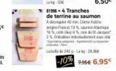 40 France 19%  81966-4 Tranches  de terrine au saumon  Adio  16%,  t  2%. Enties nvidat as vi  Laboada 240 g-La kg:28,00€  -10%  795€ 6,95€ 