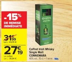 -15%  DE REMISE IMMÉDIATE  3199  Le L:45,70 €  2799  Le coff Le L: 38,84 €  Comens  Coffret Irish Whisky Single Malt CONNEMARA  40% vol, 70 cl +1 verre. 