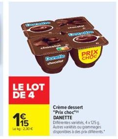 OVERING  1€ 15  Lekg: 2,30 €  chocolat  LE LOT DE 4  Danefie  chocolat  Crème dessert "Prix choc"  PRIX CHOC  DANETTE  Différentes variétés, 4x125g Autres variétés ou grammages disponibles à des prix 
