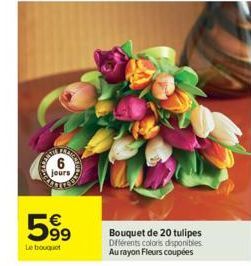 OFLOR  6  jours  63  599  Le bouquet  Bouquet de 20 tulipes Différents colors disponibles. Au rayon Fleurs coupées 