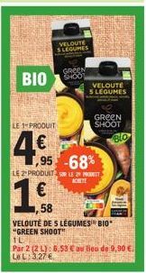 BIO  LE PRODUIT  VELOUTE SLEGUMES  GREEN  SHOO  VELOUTE 5 LEGUMES  GREEN SHOOT  ,95 -68%  LE 2 PRODUIT SUR LE PRO  ACHETE  €  58  VELOUTÉ DE S LÉGUMES BIO  "GREEN SHOOT"  BO  FL  Par 2 (2 L): 6,53 € a