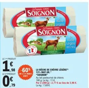 le 1 produit  1.6.  fromage  depuis 1895  soignon  fromage  17  1,98-60% la buche de chèvre légère  mat.gr.  depuis 1895  soignon  chev  buche  légère  fareque en poitou-charentes  "soignon"  au lait 