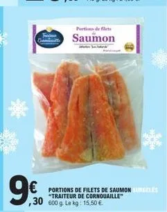 portions de filt  saumon  € portions de filets de saumon surgeles 30 600 g. le kg: 15,50 €  "traiteur de cornouaille" 