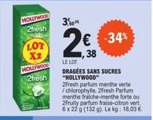 hollywood 2fresh  lot  x2  hollywood 2fresh  3.00  € -34% 1,38  le lot  dragées sans sucres "hollywood"  2fresh parfum menthe verte /chlorophylle, 2fresh parfum menthe fraiche-menthe forte ou 2fruity 