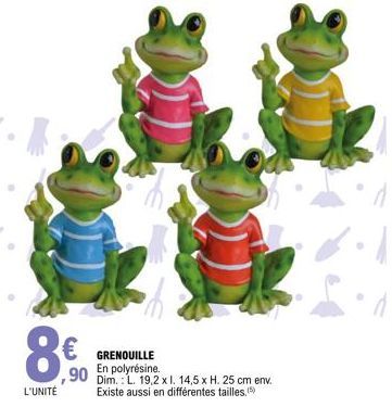 8.90⁰  8€  L'UNITÉ  GRENOUILLE En polyrésine. ,90 Dim.: L. 19,2 xl. 14,5 x H. 25 cm env.  Existe aussi en différentes tailles. (5) 