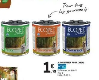 wwe fo  h  ecopet notand  puppy  ecopet n  25  chicken & rice  pour tous les gourmands  alimen  € ecopet  1,79  ecopet national  lamb & rice  pour ch  différentes variétés 300 g. lekg: 5.97 € 