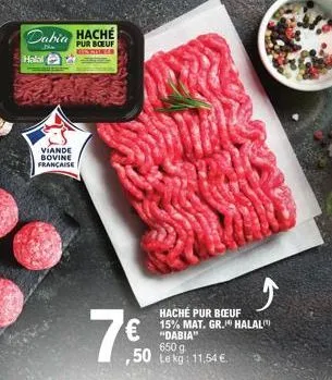 dabia hache  de  pur boeuf bosganger  halal  viande bovine francaise  50 kg: 11.54 €.  haché pur boeuf 15% mat. gr. halal "dabia" 650 g 