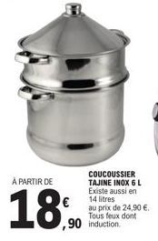 À PARTIR DE  18  COUCOUSSIER TAJINE INOX 6 L Existe aussi en 14 litres  au prix de 24,90 €. Tous feux dont  ,90 induction. 