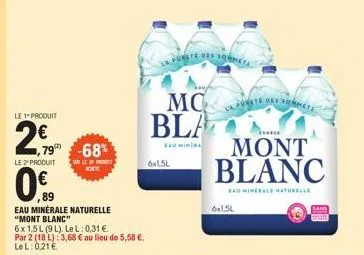 le 1 produit  2€  1,79 -68%  le 2 produit  0€  89  eau minérale naturelle "mont blanc"  6x 1,5l (9l). lel: 0,31 €.  par 2 (18 l): 3,68 € au lieu de 5,58 €. lel:0,21 €  korte  mc bla  6x1,5l  punste d 