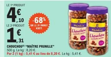 le 1 produit  4.€0  le 2 produit  ,10 -68%  1,€f  ,31  sur le 29 produit achete  prunille  chouchou  chouchour "maître prunille"  500 g. le kg: 8,20 €.  par 2 (1 kg) : 5,41 € au lieu de 8,20 €. le kg 