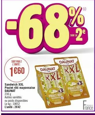 soit par 2 l'unité:  1660  sandwich xxl poulet rôti mayonnaise daunat 230 g  autres variétés ou poids disponibles le kg: 10€52 l'unité: 2€42  daunat  daunat  xxl xxl  14 thas  x3 masom poulet roti mad