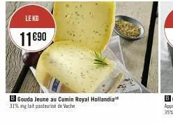 le kg  11€90  b gouda jeune au cumin royal hollandia  31% mg lait pasteurisé de vache 