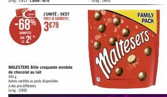 E2E  LE  -68% 3€79  CAENETTES  L'UNITÉ : 5E57 PAR 2 JE CANOTTE:  MALESTERS Bille croquante enrobée de chocolat au lait  440 g  Autres variétés ou poids disponibles à des prix différents Lekg 12666  Ma