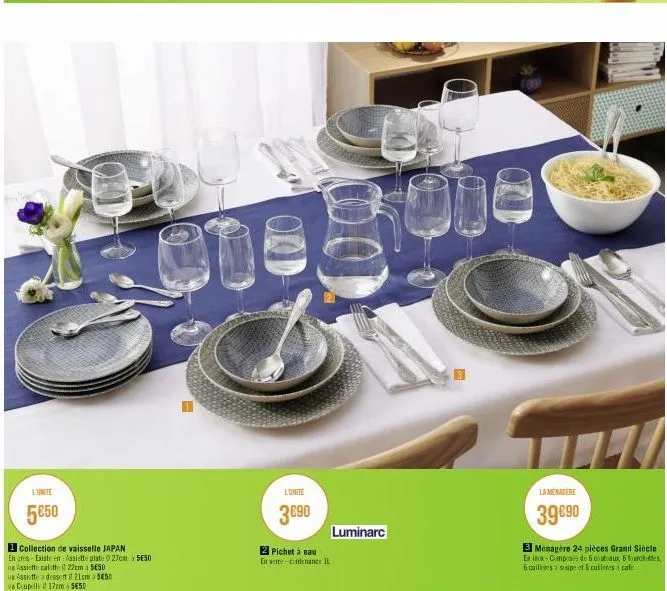 l'unite  5€50  1 collection de vaisselle japan engres-existe en assiette plate 0 27cm à 5€50  os assiette calotte 0 22cm 550  o assiette a dessert 821cm 55  os coupelle 17cm à $450  l'unite  3€90  2 p