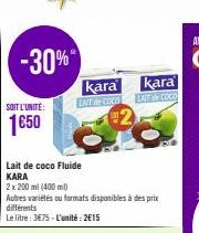 SOIT L'UNITÉ:  1€50  -30%"  Lait de coco Fluide KARA  2 x 200 ml (400 ml)  Autres variétés ou farmats disponibles à des prix  différents  Le litre: 3€75 - L'unité: 2€15  kara  LAIT de COCO  kara LAIT 
