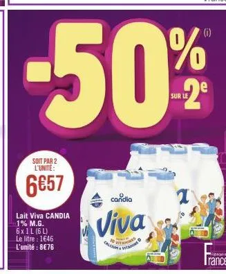 soit par 2 l'unité:  6€57  lait viva candia 1% m.g. 6x1l (6l) le litre : 1€46 l'unité : 8€76  candia  viva  fo s calcum vit  vitamines  1  fab  trance 
