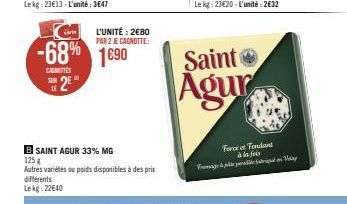 carte  -68% 1690  CARNETTES SUR  SE2EⓇ  B SAINT AGUR 33% MG 125 g  Autres variétés ou poids disponibles à des prix différents Lekg 22640  L'UNITÉ: 2€80 PAR 2 JE CAGNOTTE:  Saint Agur  Force of Fondant