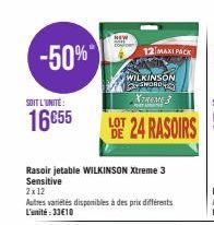 -50%  SOIT L'UNITÉ:  16€55  NEW  Rasoir jetable WILKINSON Xtreme 3 Sensitive  12 MAXI PACK  WILKINSON SWORD XTREME 3  2x12  Autres variétés disponibles à des prix différents L'unité:33€10 