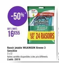 -50%  soit l'unité:  16€55  new  rasoir jetable wilkinson xtreme 3 sensitive  12 maxi pack  wilkinson sword xtreme 3  2x12  autres variétés disponibles à des prix différents l'unité:33€10 