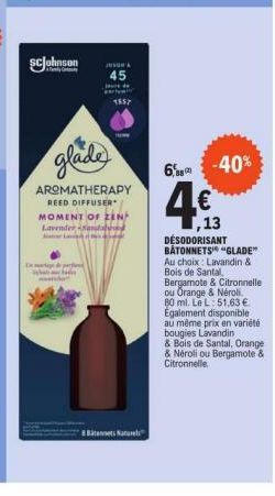 ScJohnson  Dige  INSON  45  glade  AROMATHERAPY REED DIFFUSER MOMENT OF ZEN Lavender -Namdals katear Latviydy  Bestel  6% -40%  ,13 DESODORISANT BÂTONNETS "GLADE" Au choix: Lavandin & Bois de Santal, 