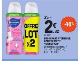 compresse  Monsavon  Fleur Cerisier  compresse  OFFRE  LOT x2  3.  2€2  1,32  € -40%  LE LOT  DEODORANT ATOMISEUR COMPRESSE "MONSAVON" Différentes variétés, 2 x 100 ml (200 ml). Le L: 11,60 € 