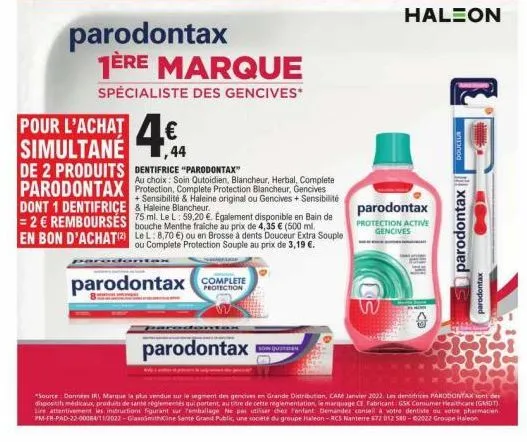 pour l'achat  simultane  de 2 produits  dont 1 dentifrice = 2€ rembourses en bon d'achat(2)  parodontax 1ère marque  spécialiste des gencives  parodontax complete  protection  46  dentifrice "parodont