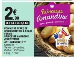 1,90  le filet de 2,5 kg  pomme de terre de consommation à chair ferme.  princesse amandine (traitement anti-germinatify" catégorie: 1. variété amandine. calibre: 35/55 mm. le kg: 1,16 €  princesse am