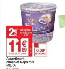 2€  de remise immédiate soit  naps  mix  11€  le tubo de 207 pièces assortiment chocolat naps mix milka  code: 923271  5.5%  0,06€ le chocolat 