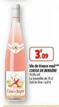 Cine Berger  3.09  Vin de France rose  CUISSE DE BERGERE 11,5%vol  La bouteille de 75 d  Soit letre: 412 € 