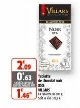 villars  noir  85%  2.09 0.63 tablette  c  carte de 85%  1.46  de chocolat noir  villars  la tablette de 100 g soit lako:20,9 €  wheth 